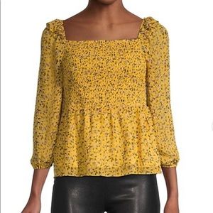 Sam Edelman ditsy-print smocked peplum top yellow floral size XL NWT